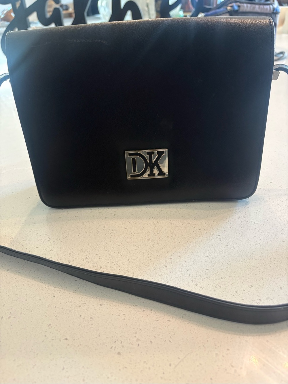 Donna Karan Black Leather Crossbody Bag with DK Logo